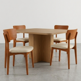 Conjunto Mesa Jantar Bosque 90x90 Nogal 4 Cadeiras