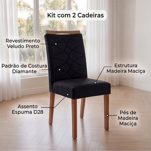 Kit 2 Cadeiras para Sala de Jantar em Madeira Maciça Évora - Veludo Preto
