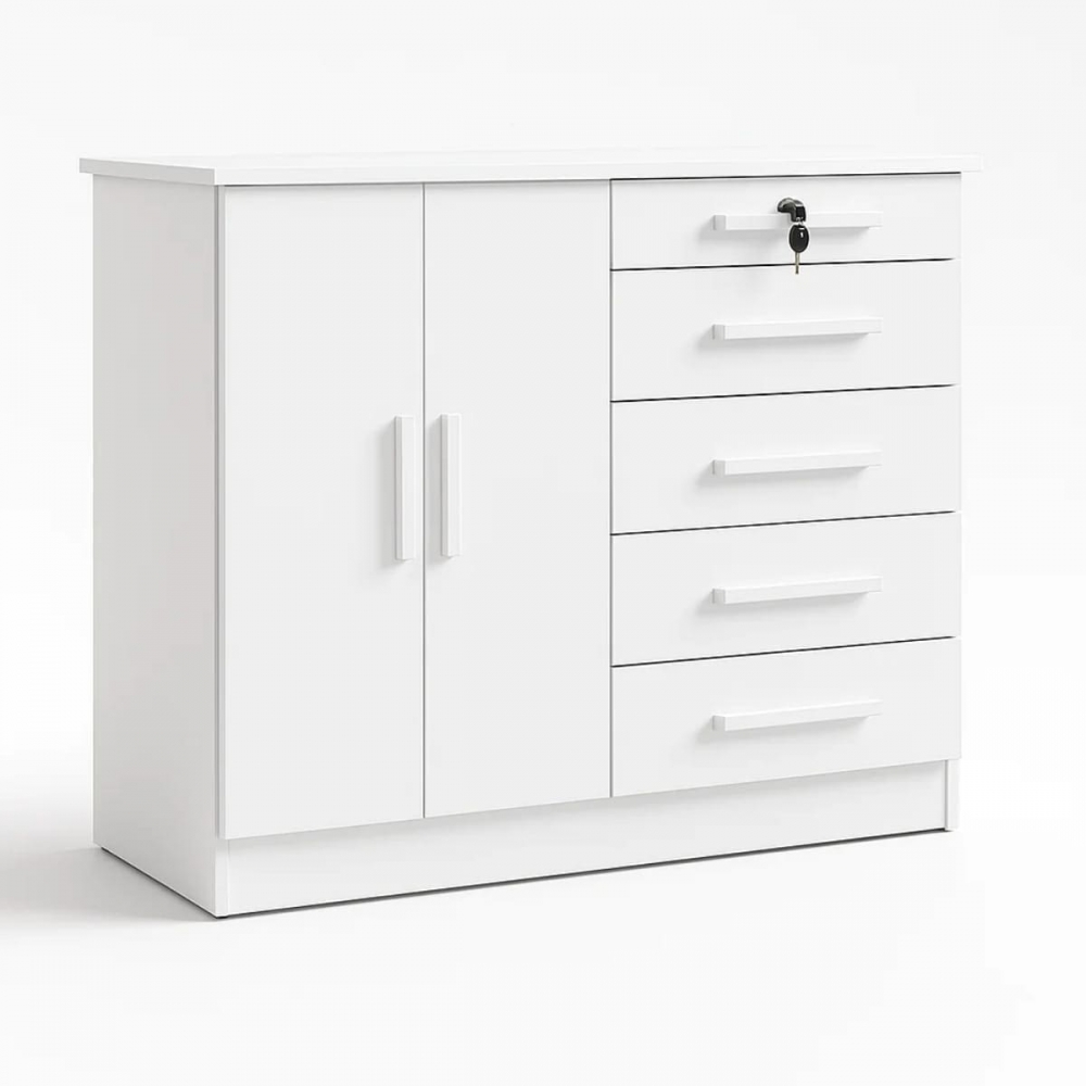 Cômoda Columbus 5 Gavetas com Tampo 25mm e Chave - Branco