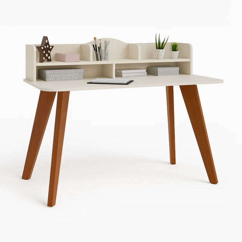 Escrivaninha Kiwi 1.20m com Nichos Organizadores 100% MDF - Off White/Cedro