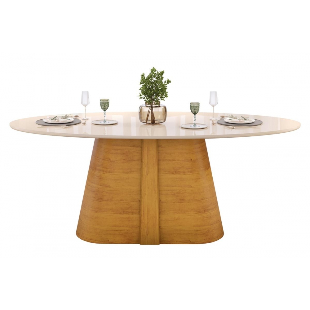 Mesa de Jantar Orgânica Celeste com Tampo de Vidro Temperado - Off White/Cedro