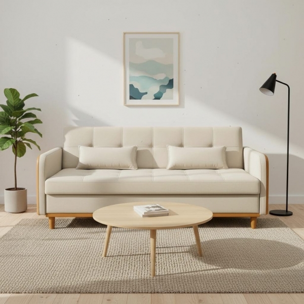 Sofá-Cama Copacabana com Baú 3 Lugares Assento em Espuma D26 - Bege/Corino