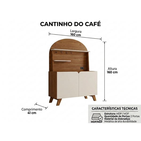Cantinho do Café Califórnia com Painel Curvo Retrô - Cedro/Off White