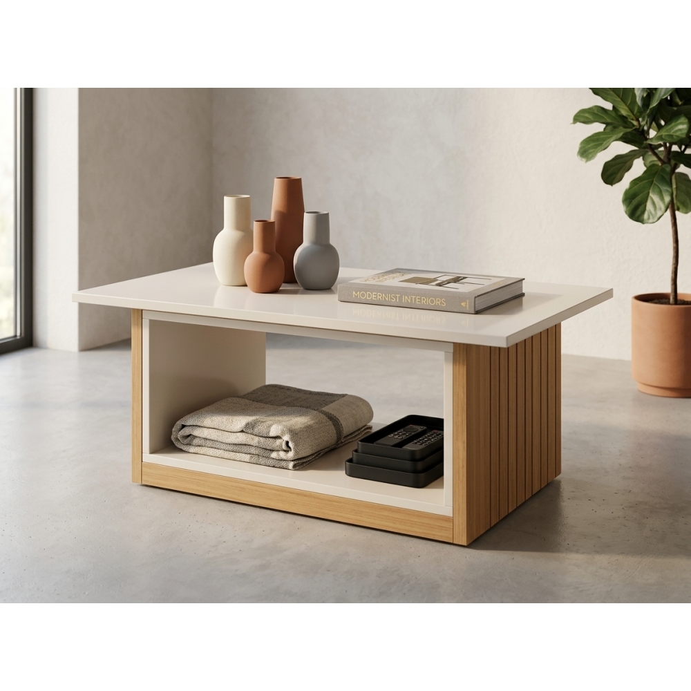 Mesa de Centro Veneza com Vidro Pintado e Rodízios - Cinamomo/Off White