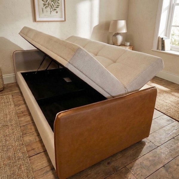 Sofá-Cama Copacabana com Baú 3 Lugares Assento em Espuma D26 - Bege/Corino