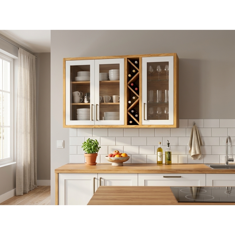 Armário Aéreo de Cozinha Andira 1.20m com Porta Vidro Reflecta - Amêndoa/Off White