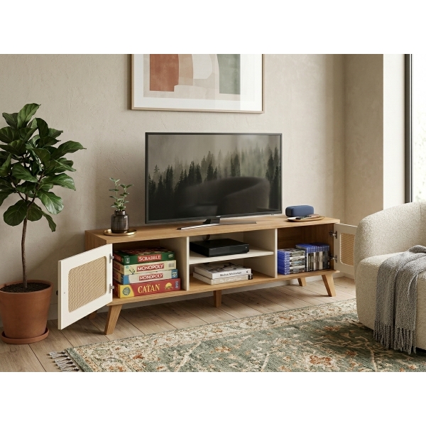 Rack para TV Frida Retrô com Detalhe Palha 3D - Cinamomo/Off White