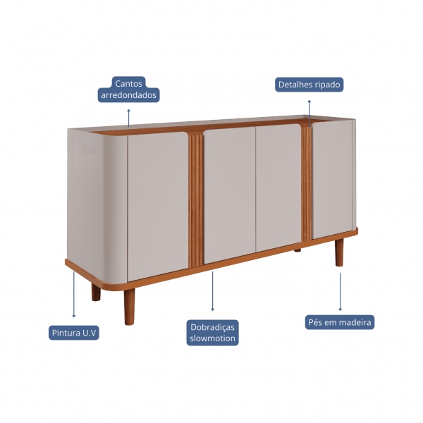 Buffet Charlotte 1.53m 4 Portas Ripadas e Dobradiça Soft Close - Off White/Cinamomo