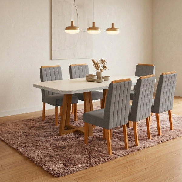 Conjunto Mesa Jantar Coimbra 160x80 Off White 6 Cadeiras