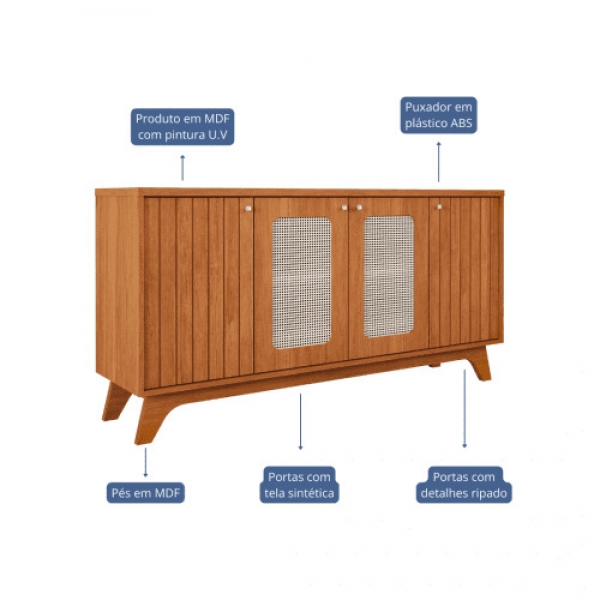 Buffet Rubi 1.52m com Portas de Telinha e Design Ripado - Cinamomo