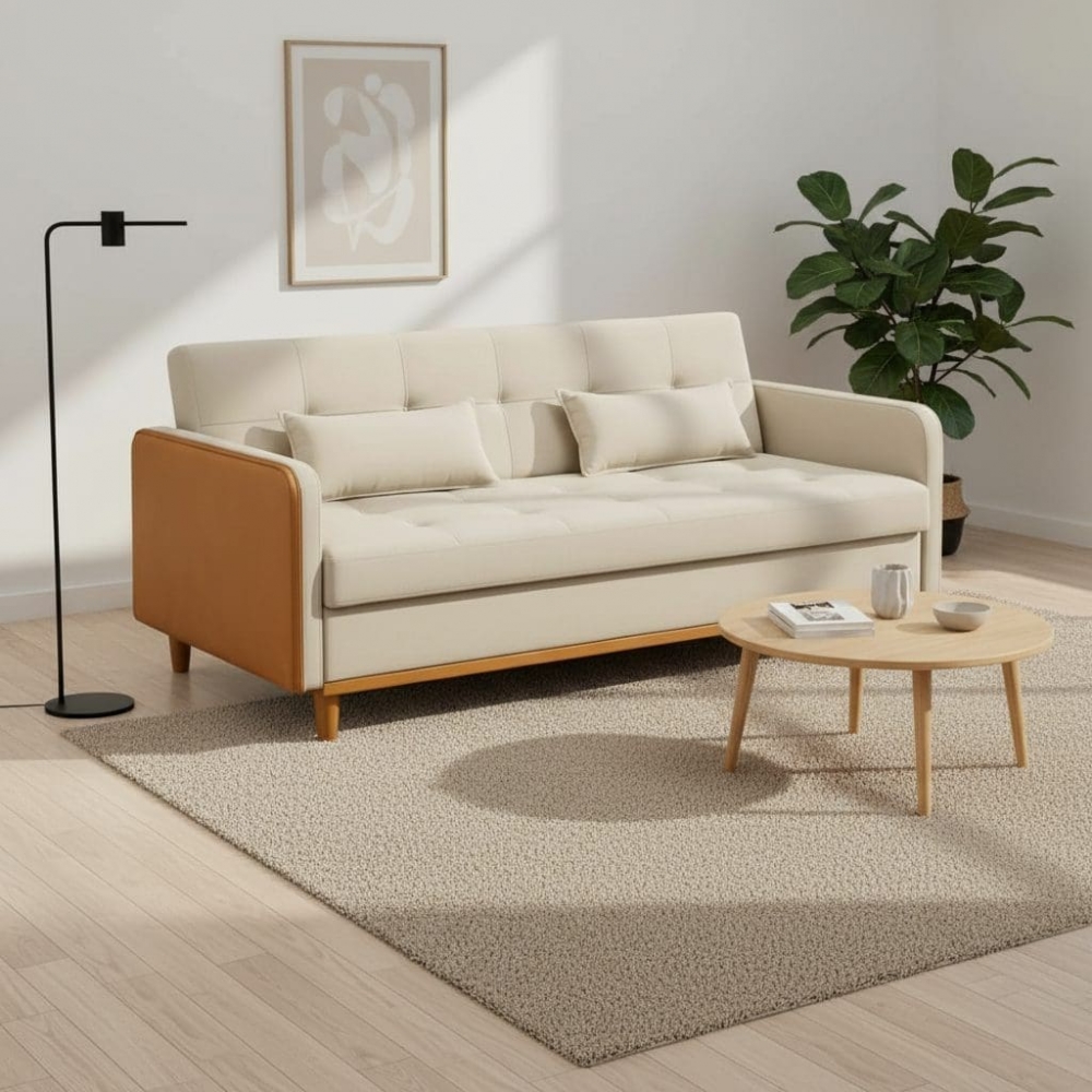 Sofá-Cama Copacabana com Baú 3 Lugares Assento em Espuma D26 - Bege/Corino