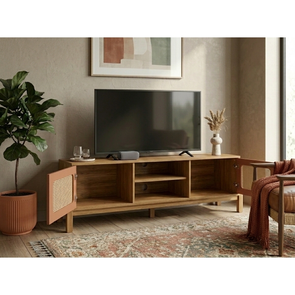 Rack para TV Daisy com Detalhe Palha 3D e Gavetas - Carvalho/Terracota