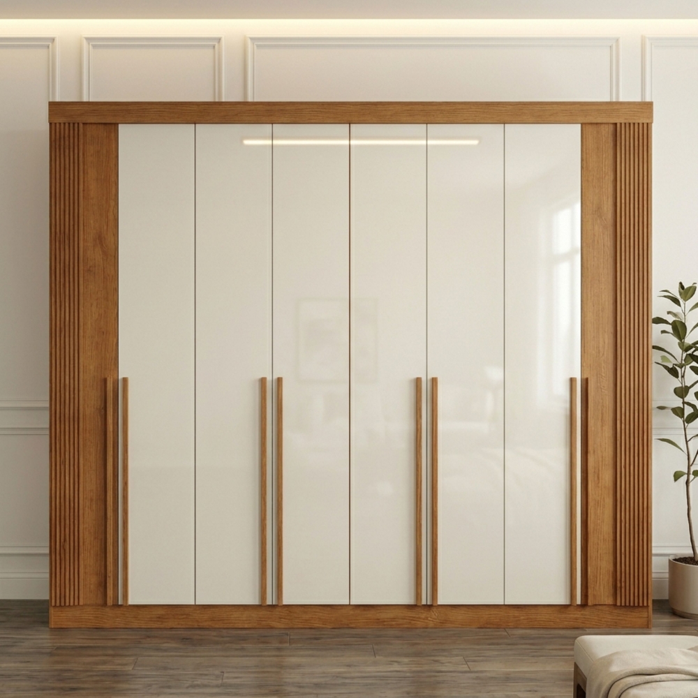 Guarda-Roupa Casal Ripado Boston 8 Portas 8 Gavetas 100% MDF - Cinamomo/Off White