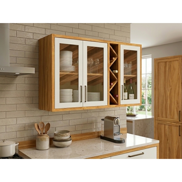 Armário Aéreo de Cozinha Andira 1.20m com Porta Vidro Reflecta - Amêndoa/Off White