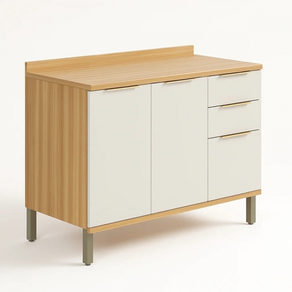 Balcão de Cozinha Pandora 1.20m 3 Portas em MDF - Amêndoa/Off White
