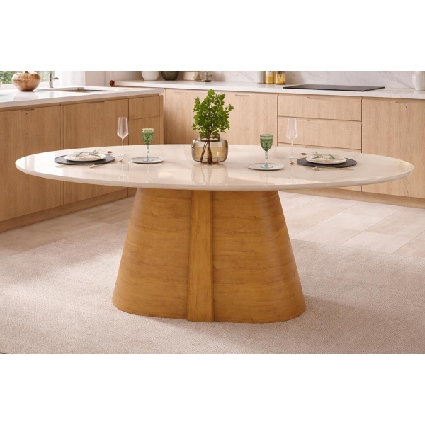 Mesa de Jantar Orgânica Celeste com Tampo de Vidro Temperado - Off White/Cedro