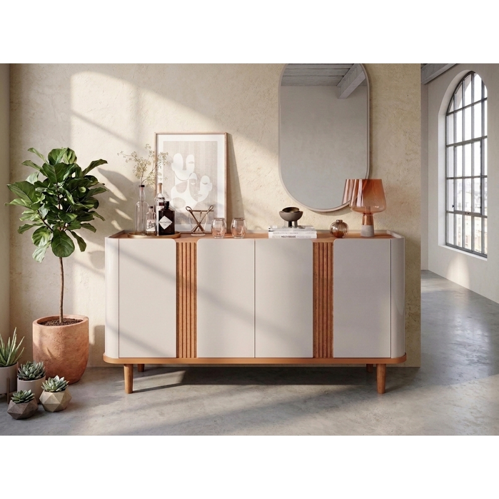Buffet Charlotte 1.53m 4 Portas Ripadas e Dobradiça Soft Close - Off White/Cinamomo