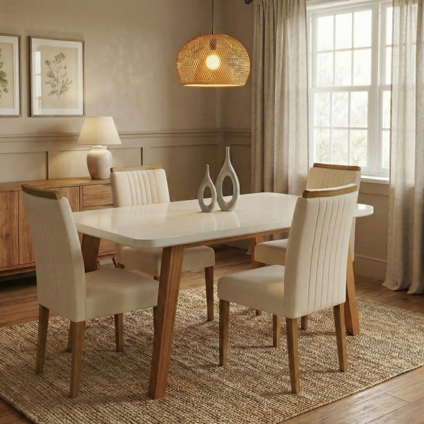 Mesa de Jantar 4 Lugares Arizona Tampo de Vidro - Off White/Naturale