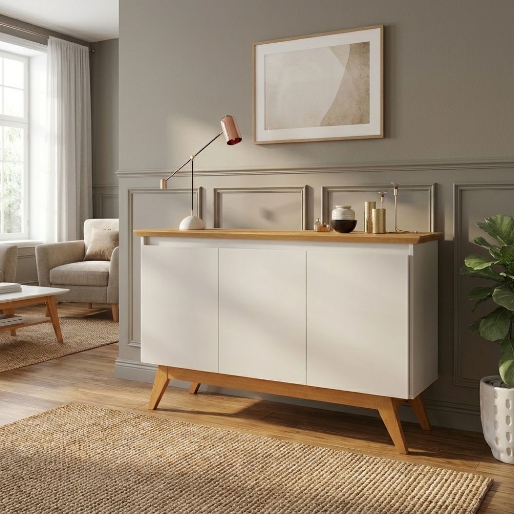 Buffet Gardenia 3 Portas com Tampo em MDF 25mm - Off White/Nature