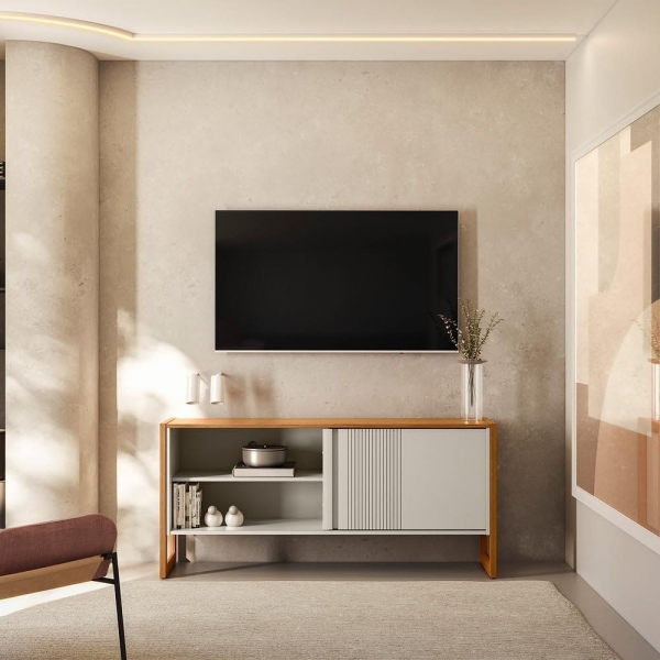 Rack Leon 1.40m MDF/MDP Porta Frisada para TV até 55 - Nature/Off White