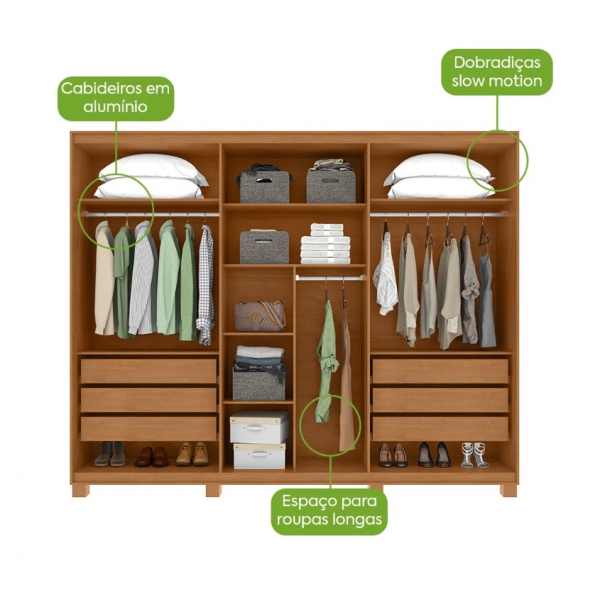 Guarda-Roupas Casal 6 Portas 100% MDF com LED  CRISTAL GLASS - Amendoa