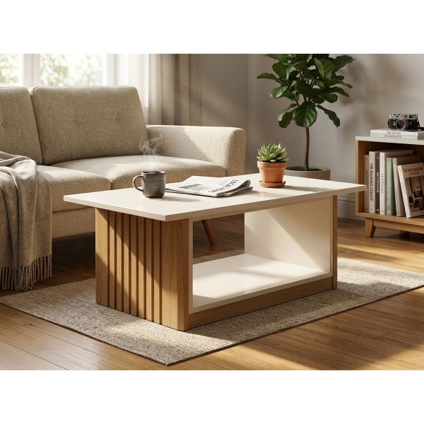 Mesa de Centro Veneza com Vidro Pintado e Rodízios - Cinamomo/Off White