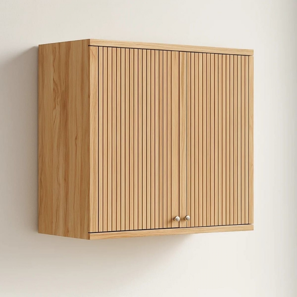 Armário Aéreo de Cozinha Pandora 80cm Duas Portas Ripado MDF - Amêndoa