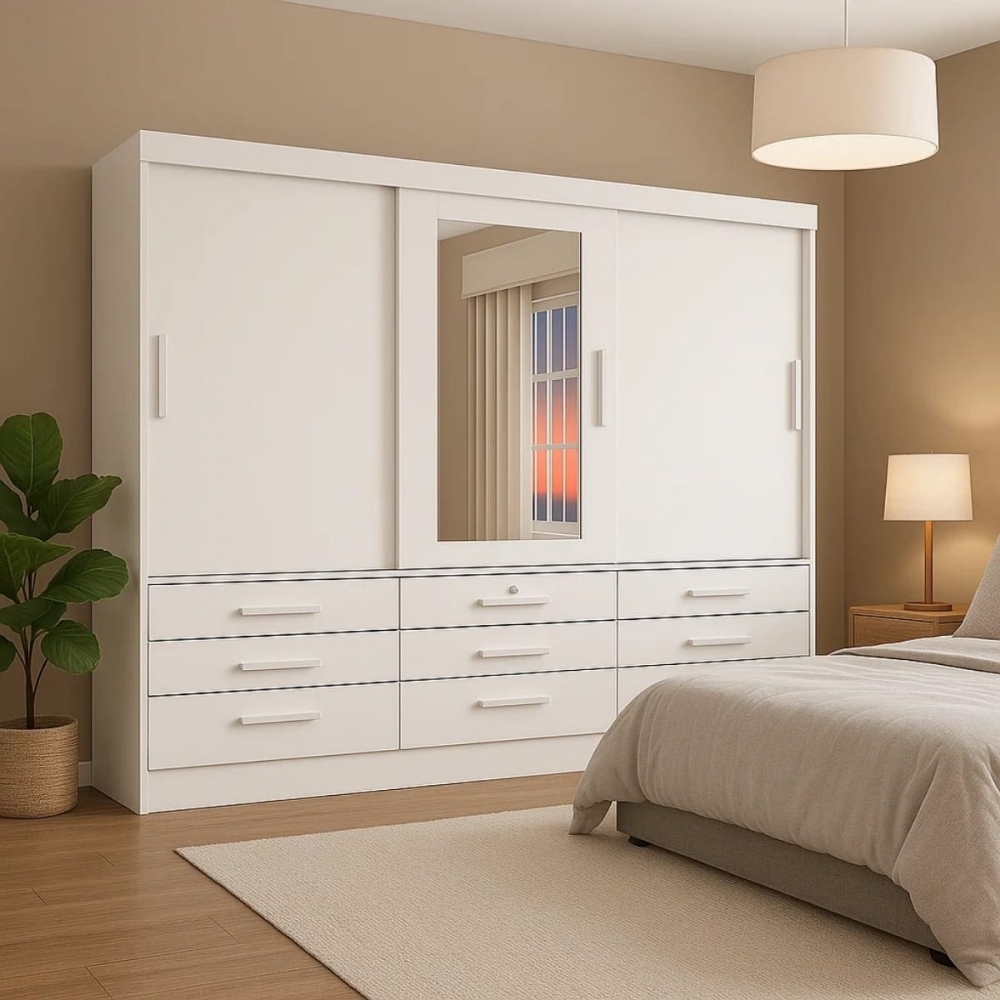 Guarda-Roupa Casal Tucson 3 Portas de Correr e 9 Gavetas - Branco