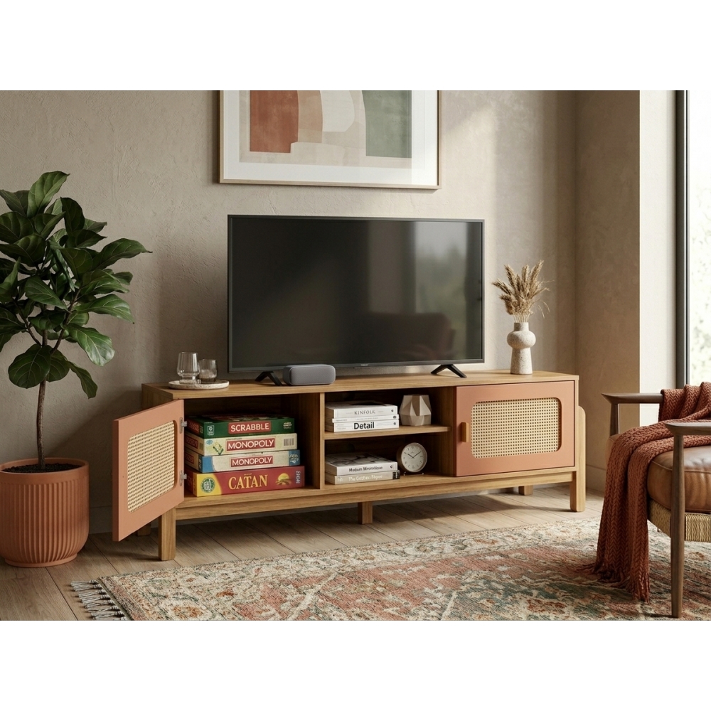 Rack para TV Daisy com Detalhe Palha 3D e Gavetas - Carvalho/Terracota
