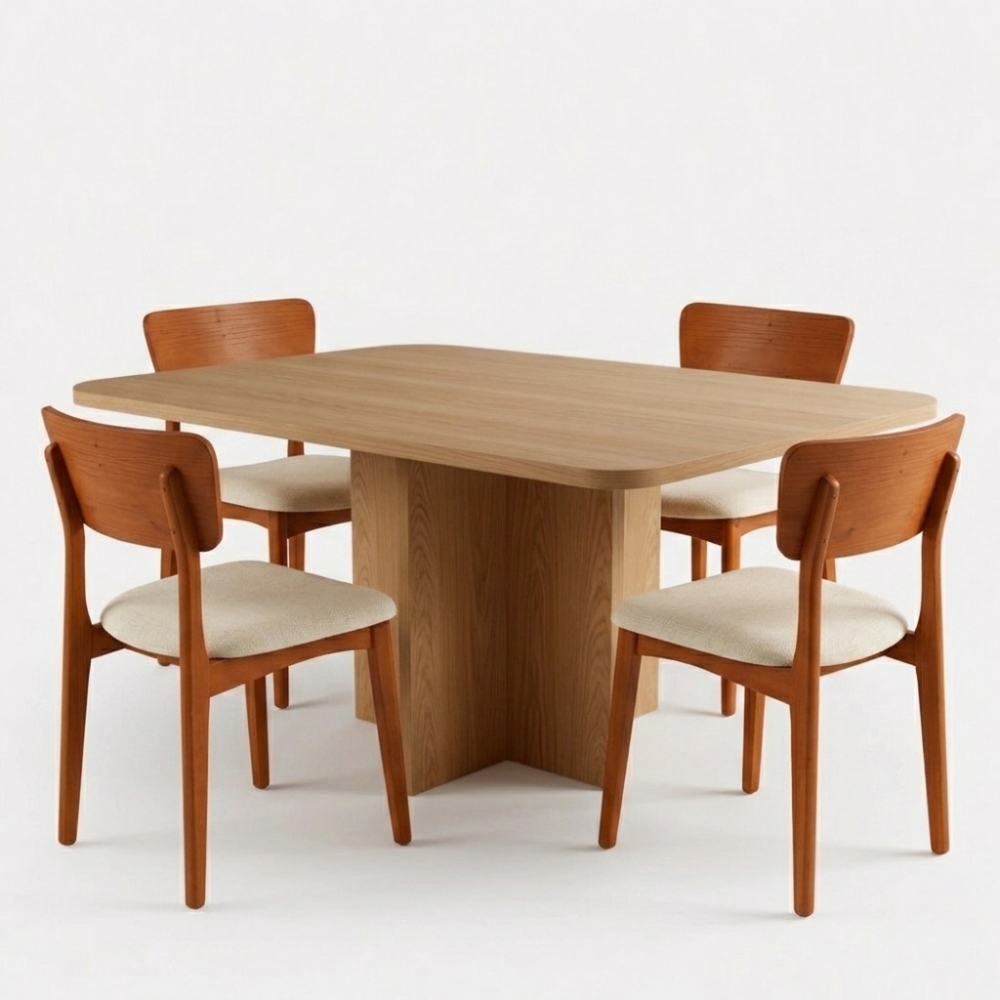 Conjunto Mesa Jantar Bosque 90x90 Nogal 4 Cadeiras