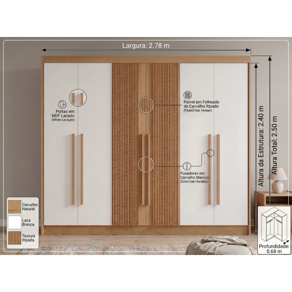 Guarda-Roupa Casal Ripado Columbus 6 Portas 6 Gavetas - Cinamomo/Off White