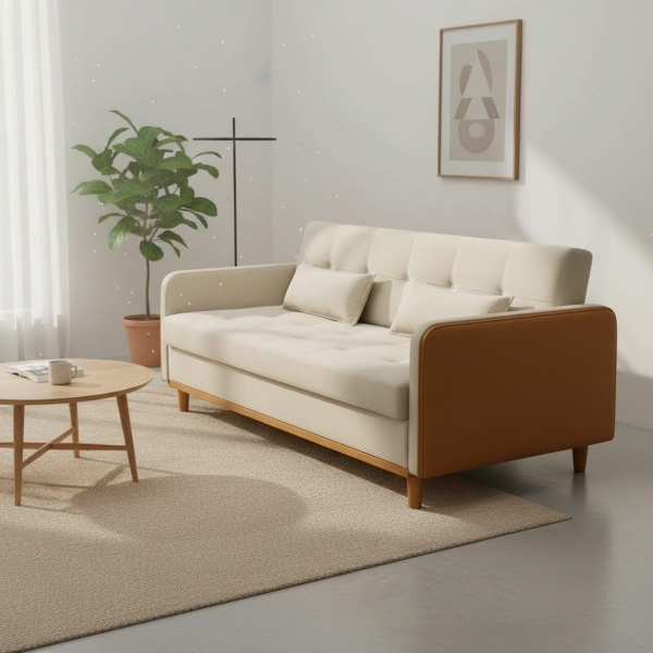 Sofá-Cama Copacabana com Baú 3 Lugares Assento em Espuma D26 - Bege/Corino