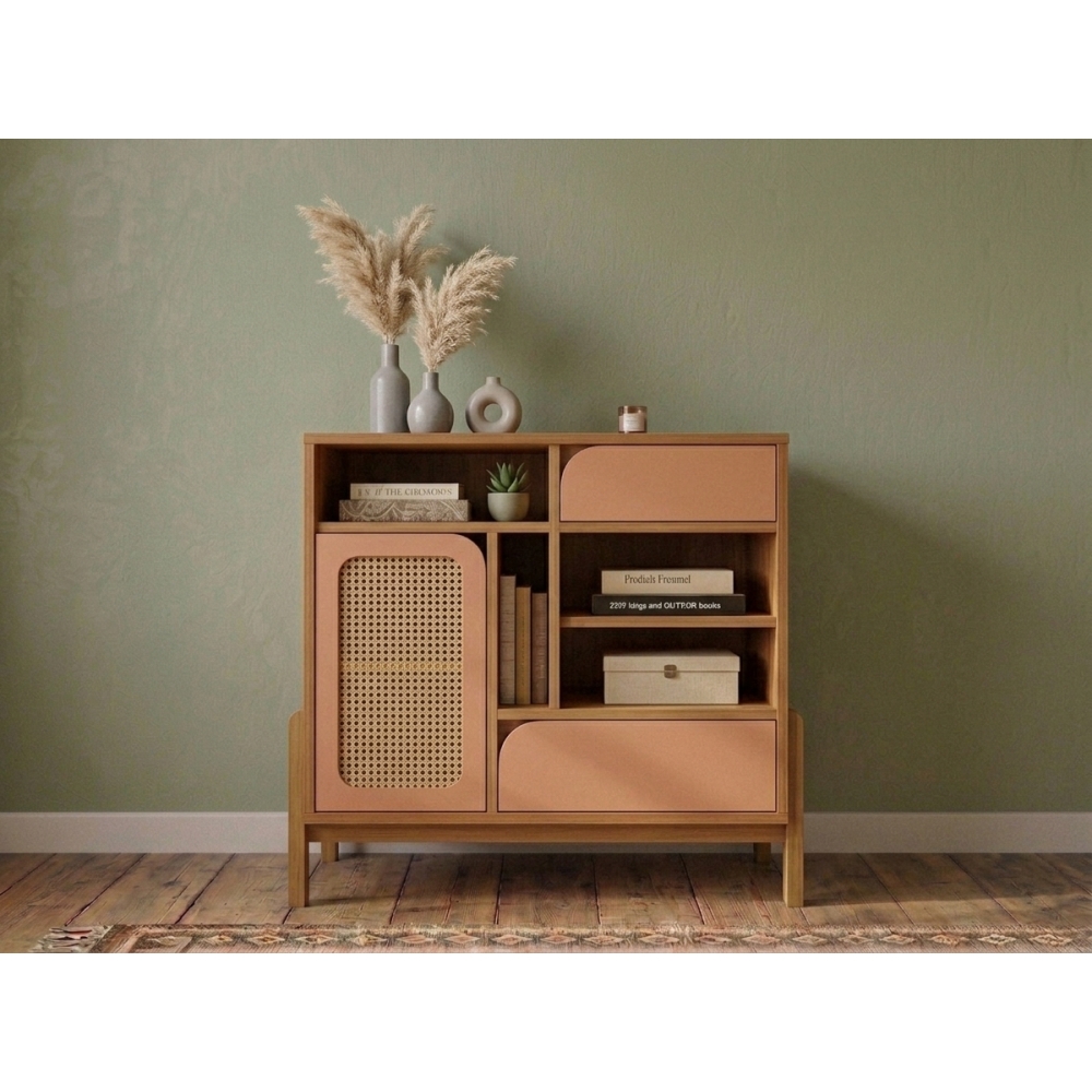 Buffet Aparador Daisy Retrô com Detalhe Palha 3D - Carvalho/Terracota