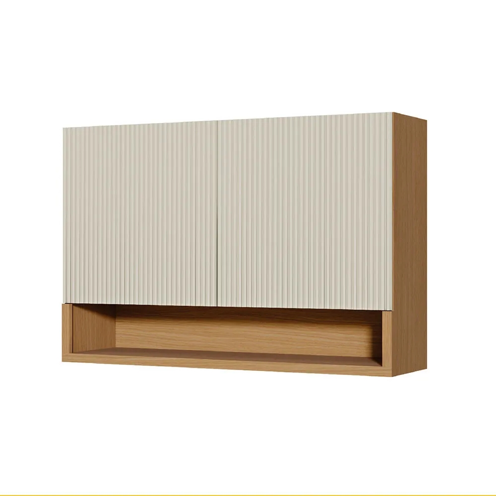 Armário Aéreo Simone Mendes 1.20m Duas Portas Ripado MDF - Carvalho/Greige