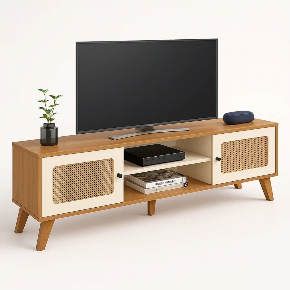 Rack para TV Frida Retrô com Detalhe Palha 3D - Cinamomo/Off White