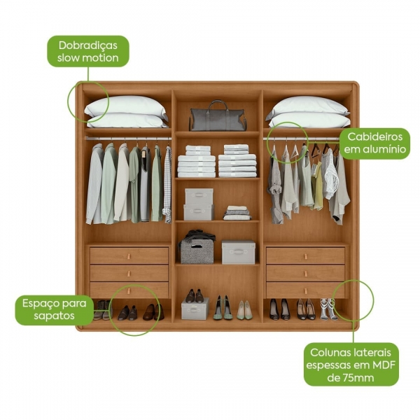 Guarda-Roupa Casal Moderni 6 Portas e 6 Gavetas 100% MDF - Amêndoa/Off White