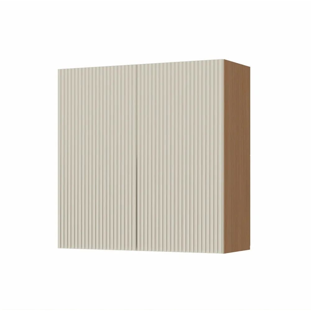 Armário Aéreo Simone Mendes 80cm Duas Portas Ripado MDF - Carvalho/Greige