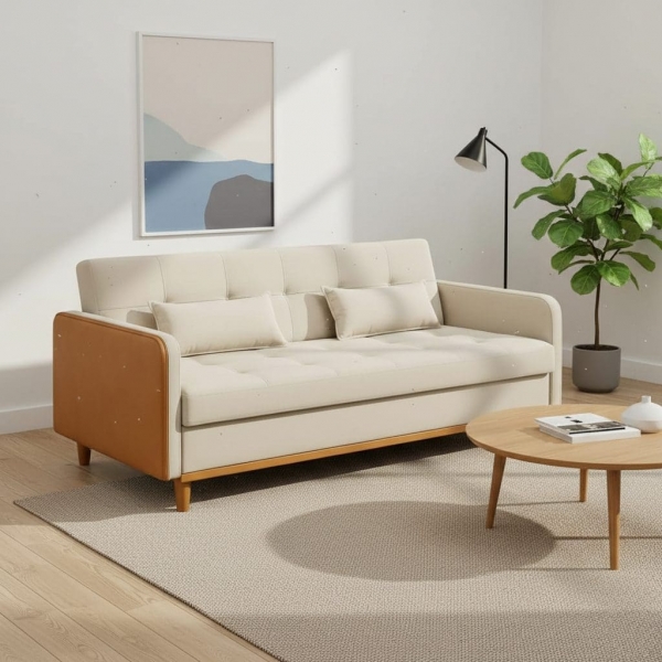 Sofá-Cama Copacabana com Baú 3 Lugares Assento em Espuma D26 - Bege/Corino