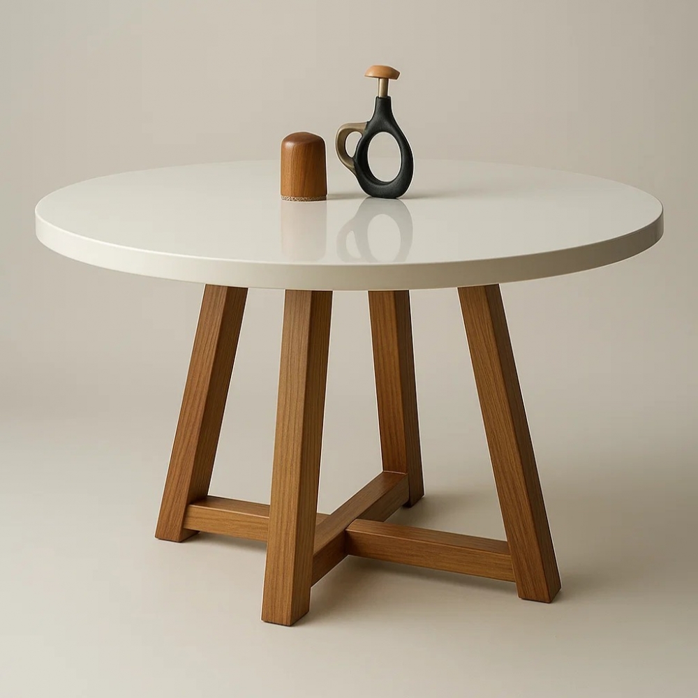 Mesa de Jantar Redonda Florida com Tampo de Vidro - Off White/Naturale