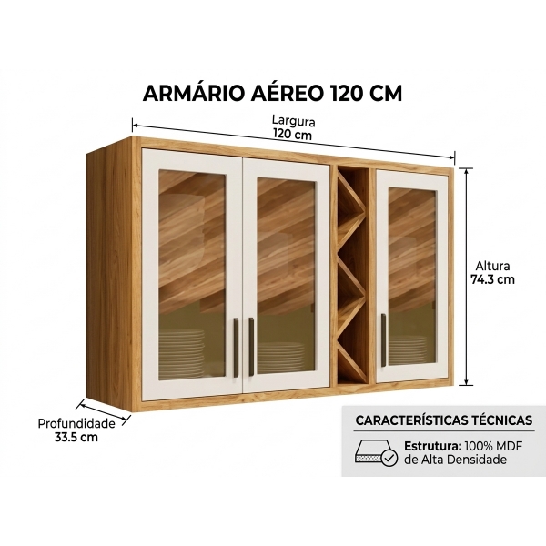Armário Aéreo de Cozinha Andira 1.20m com Porta Vidro Reflecta - Amêndoa/Off White