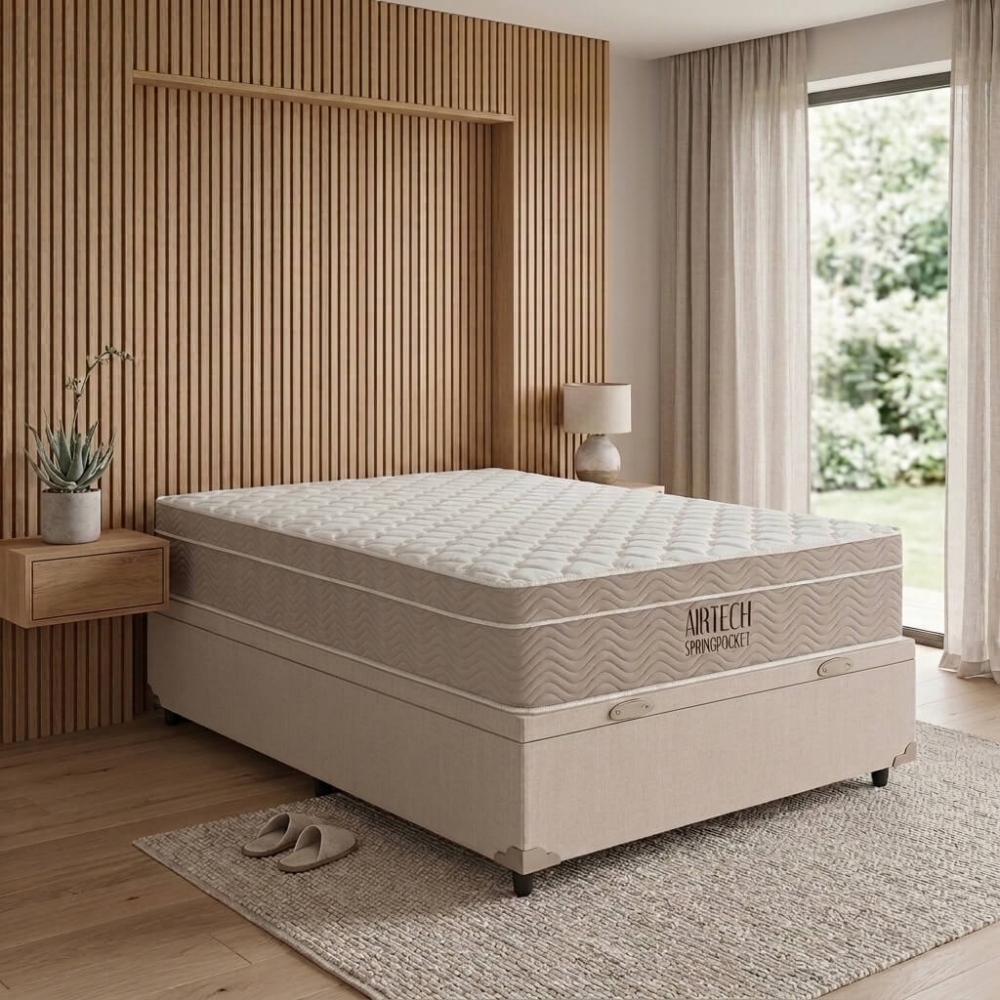 Conjunto Cama Box Baú Casal Colchão Springpocket - Bege