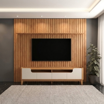 Conjunto Painel Ripado Sala e Rack TV 2.20m Cinamomo e Off