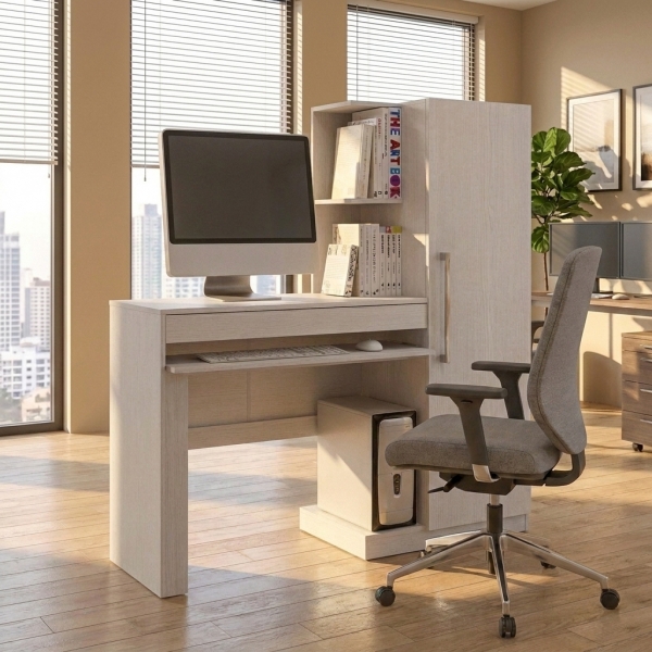 Escrivaninha Office com Armário Lateral e Chave - Branco
