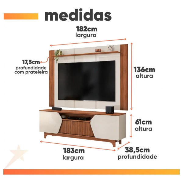 Rack com Painel Olga 1.83m para TV até 75 - Bali/Cedro
