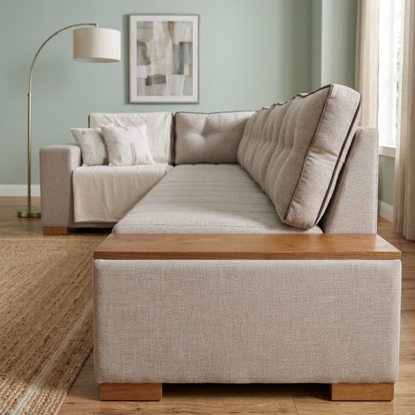 Sofá de Canto Agnes 7 lugares com Chaise de 236 cm - Bege