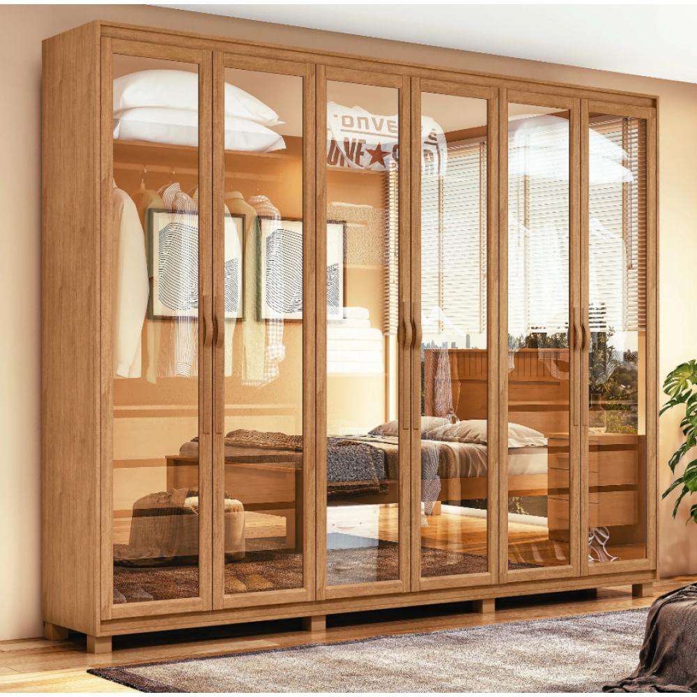 Guarda-Roupas Casal 6 Portas 100% MDF com LED  CRISTAL GLASS - Amendoa