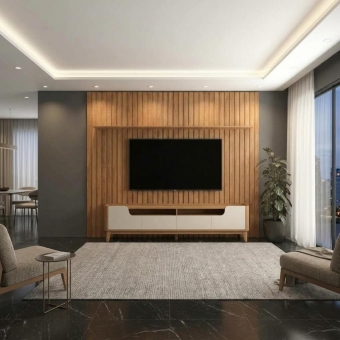 Conjunto Painel Ripado Sala e Rack TV 2.20m Cinamomo e Off