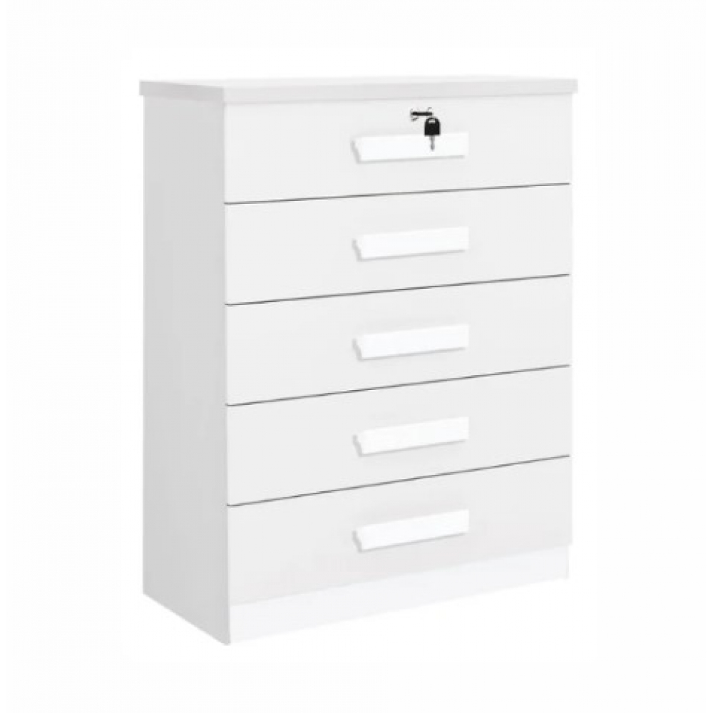 Cômoda Tulsa 5 Gavetas 100% MDF com Chave e Tampo 25mm - Branco