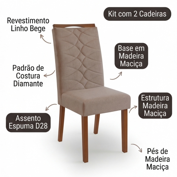 Kit 2 Cadeiras para Sala de Jantar em Madeira Maciça Évora - Linho Bege