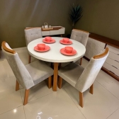 Mesa de Jantar Redonda Florida com Tampo de Vidro - Off White/Naturale